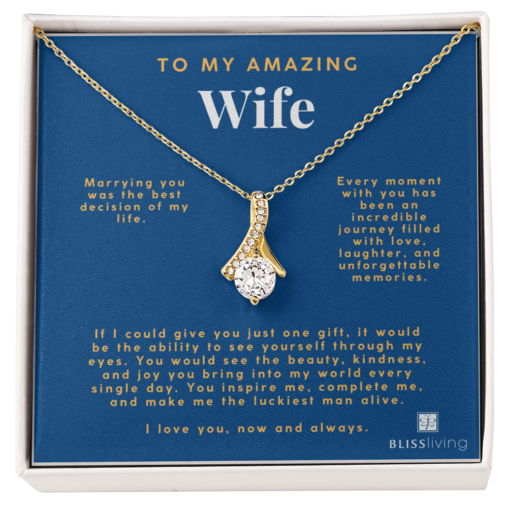 Image shows a pendant necklace for My Amazing Wife with a heartfelt message on a blue background on BlissLiving.com.