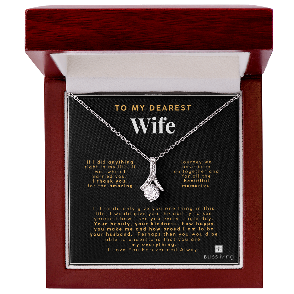 Image shows a pendant necklace for My Dearest Wife with a heartfelt message on a black background in a Mahogany Style Luxury Box on BlissLiving.com.