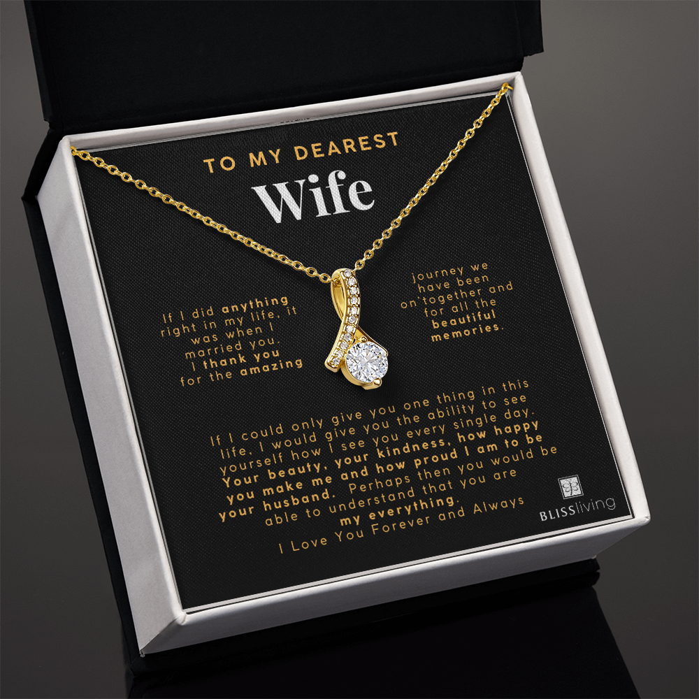 Image shows a pendant necklace for My Dearest Wife with a heartfelt message on a black background on BlissLiving.com.