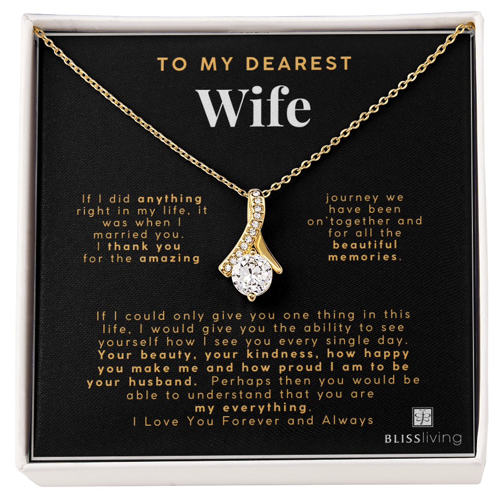 Image shows a pendant necklace for My Dearest Wife with a heartfelt message on a black background on BlissLiving.com.