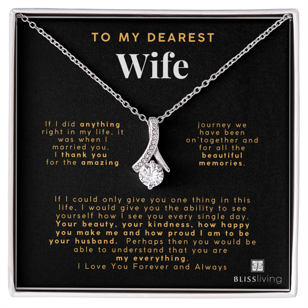 Image shows a pendant necklace for My Dearest Wife with a heartfelt message on a black background on BlissLiving.com.